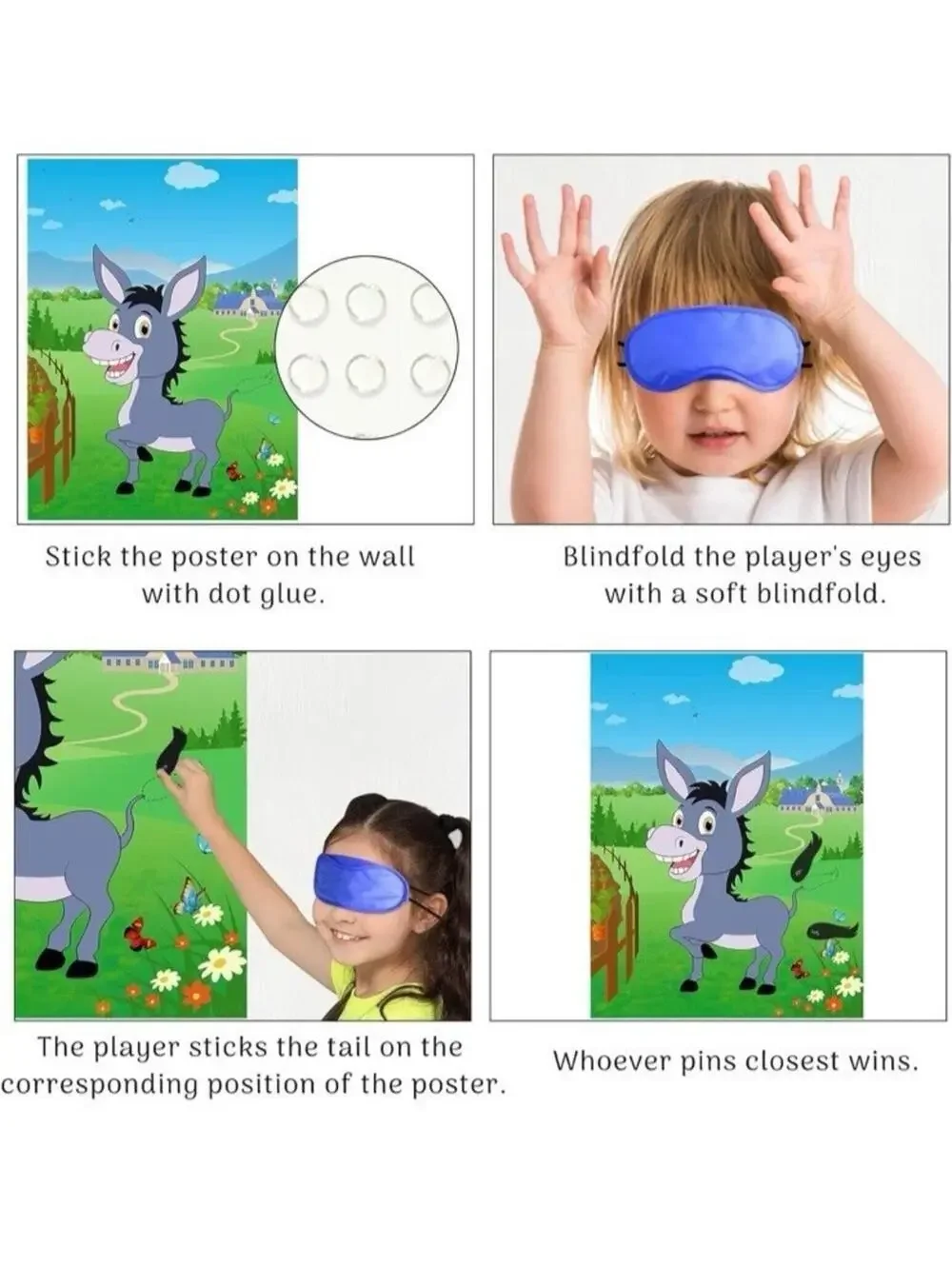 Pin The Tail On The Donkey Party Game 40 Tails Kids Birthday Poster W/ Blindfold